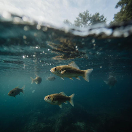Underwater view of a group of fishes swimming in the water.の素材