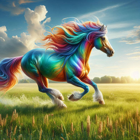 Unicorn galloping in the field at sunset. Colorful horse.の素材