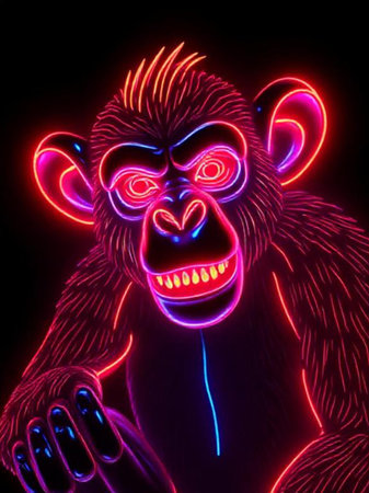 Neon illustration of a chimp on a black background. 3D rendering.の素材