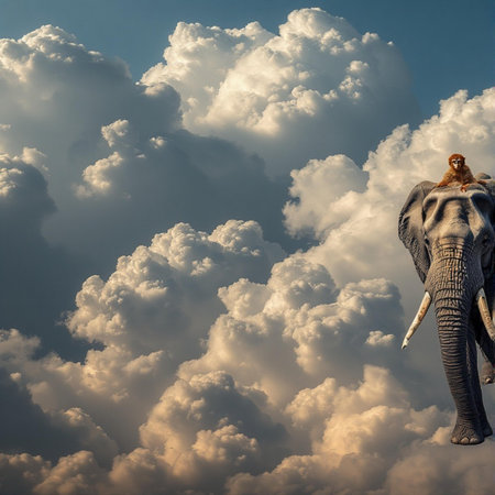 Elephant in the sky with clouds. This is a 3d render illustrationの素材