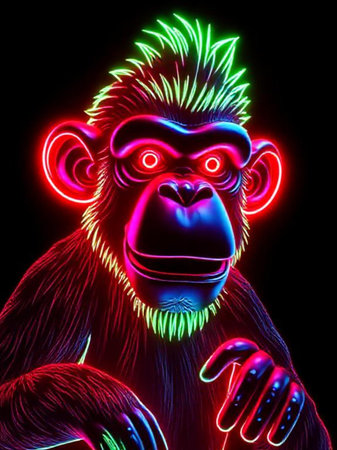 Chimpanzee in neon light on a black background. 3d illustrationの素材
