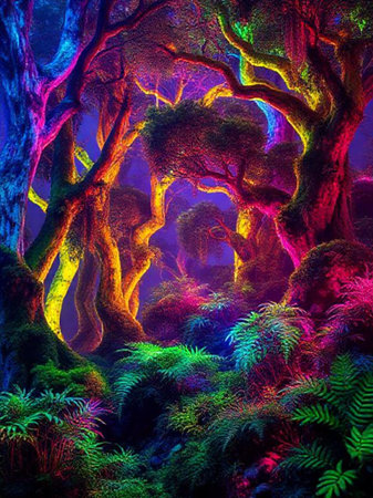 Fantasy fantasy forest with glowing trees and ferns. Colorful backgroundの素材