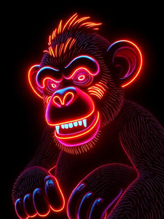 chimpanzee in neon light on a black background. 3d illustrationの素材