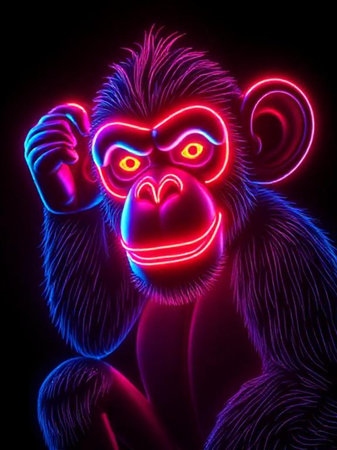 Chimpanzee monkey in neon light. 3D illustration.の素材