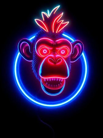 Chimpanzee in neon light on a black background. Vector illustration.の素材
