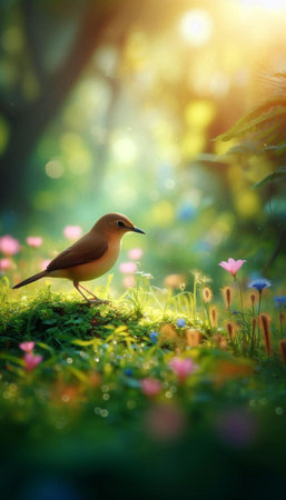 Colorful parrot sitting on a branch with flowers, digital paintingの素材