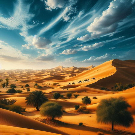 Desert landscape with camels and sand dunes in Dubai, United Arab Emiratesの素材