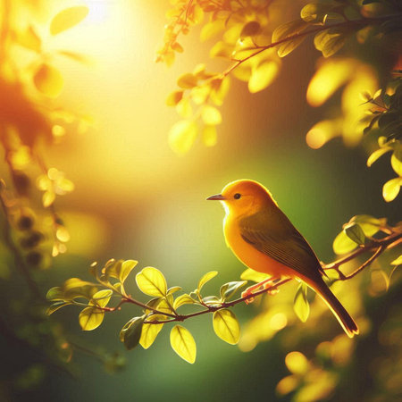 Yellow bird sitting on a branch with bokeh background and sunbeamsの素材