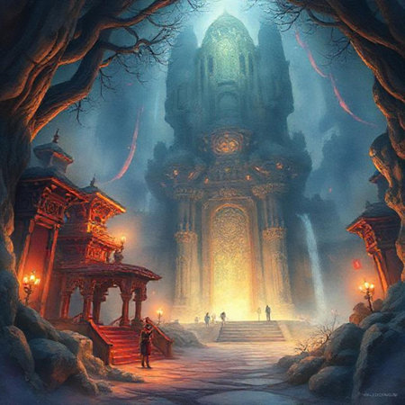 Digital painting of a temple in Bali, Indonesia at night.の素材