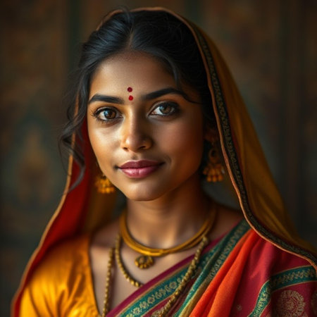 Portrait of beautiful indian woman in sari looking at cameraの素材