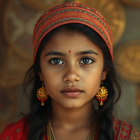Close-up portrait of a beautiful Indian girl in traditional clothes.の素材