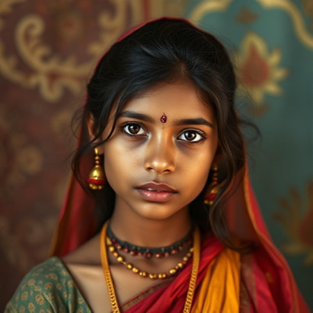 Portrait of a beautiful indian girl wearing saree and jewelryの素材