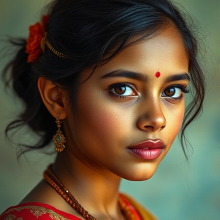 Close-up portrait of a beautiful indian girl in traditional dress.の素材