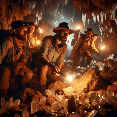 Group of people in a cave with crystal in their hands at nightの素材