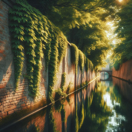 Canal in the park with ivy and bridge at sunset.の素材
