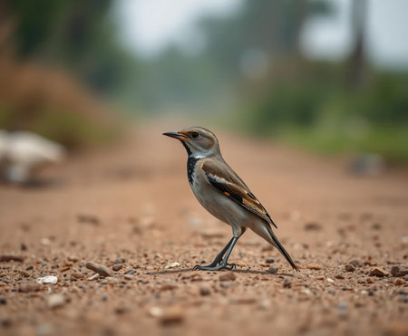Rufous-throated thrush (Ficedula ruficollis) standing on groundの素材