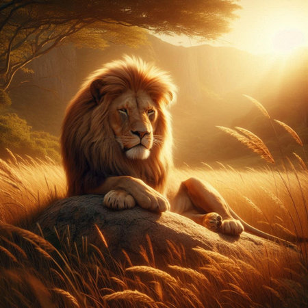 Lion in the wild at sunset, 3d rendering. Computer digital drawing.の素材