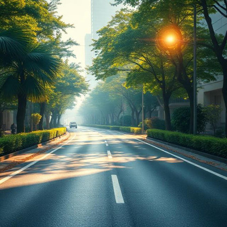 Asphalt road in the middle of the city with sunlight and shadowの素材