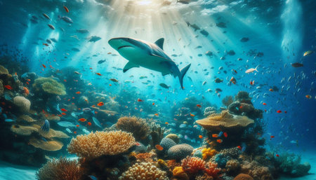 Coral reef with fish, sun and shark. Underwater world.の素材
