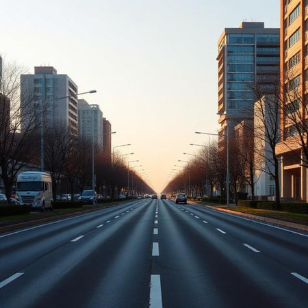 Sunset in the city. The road in the center of the city.の素材