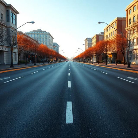 Empty asphalt road in the city at sunset, perspective view of the roadの素材