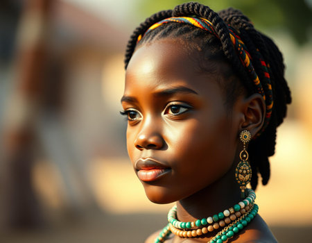 Portrait of a beautiful African girl in traditional clothes with braidsの素材