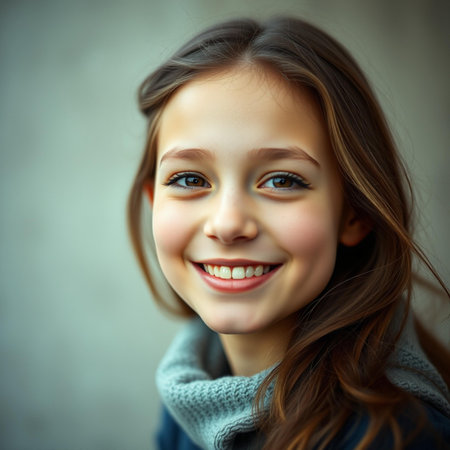 Portrait of a beautiful smiling girl in a blue sweater and scarfの素材