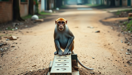 Monkey sitting on a signpost in the park, Thailand.の素材