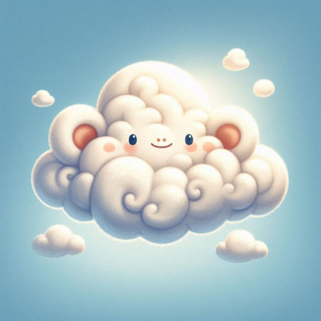 Cute cartoon sheep on a blue background with clouds. Vector illustration.の素材