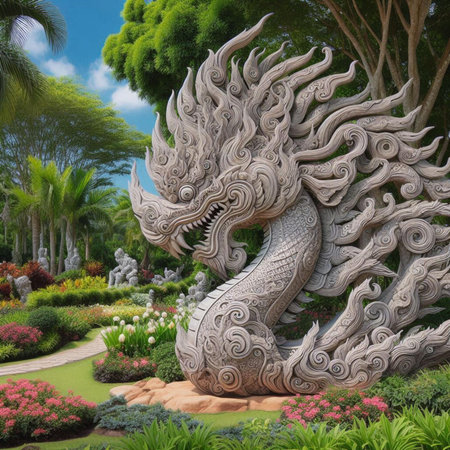 Dragon statue in the garden,3d render. Computer digital drawing.の素材