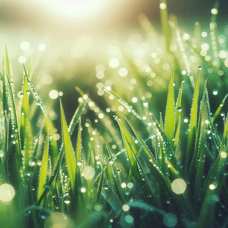 Fresh green grass with dew drops close up. Nature background.の素材