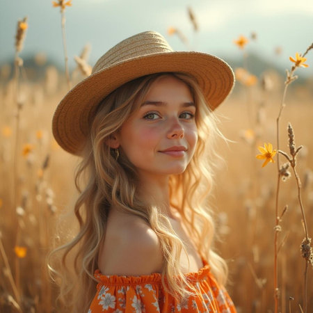 portrait of a beautiful blonde girl in a hat on a wheat fieldの素材