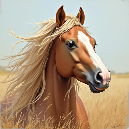 Horse portrait in the field. Digital painting. 3d renderingの素材