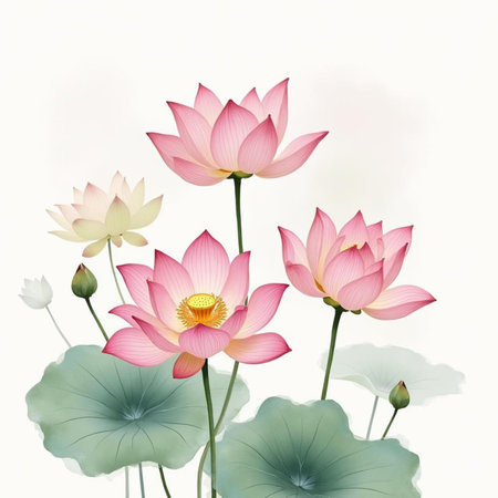 Lotus flower and Lotus flower plants on white background, watercolor paintingの素材