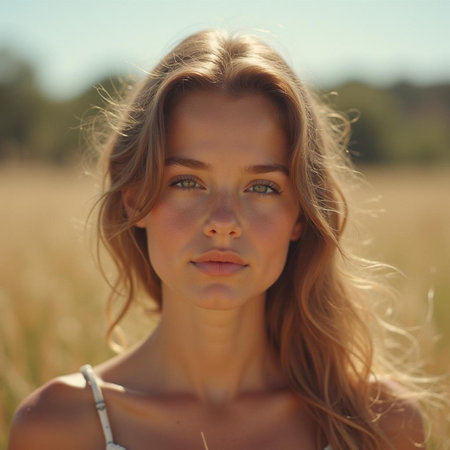 Portrait of a beautiful young woman with blond hair in a wheat fieldの素材