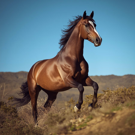 Beautiful bay horse galloping on the hillside. Toned.の素材