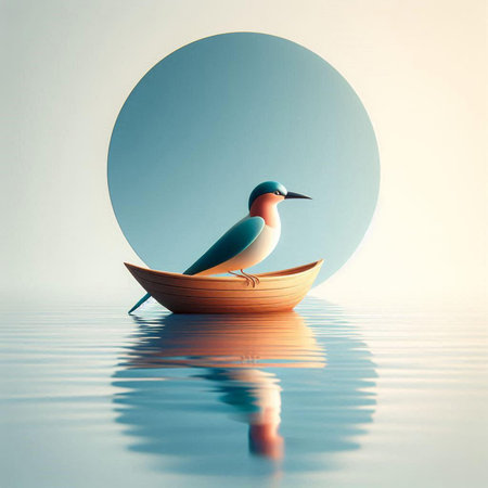 Wooden boat with a bird on the water in the form of a circleの素材