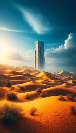 3d rendering of skyscraper in the desert with sand dunesの素材