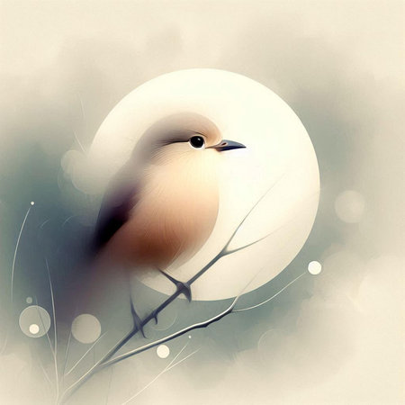 Illustration of a little bird on a tree branch in the winterの素材