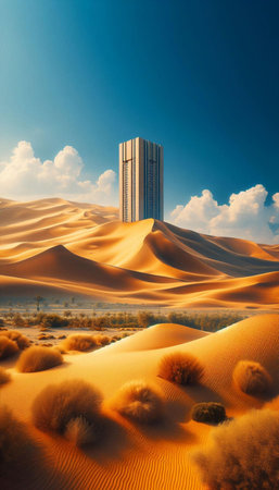 Skyscraper in the desert with sand dunes and blue skyの素材