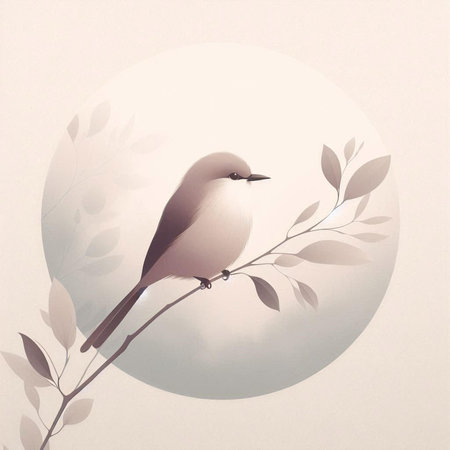 Digital painting of a bird on a branch with leaves, vintage styleの素材