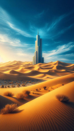 Desert landscape with skyscrapers in Dubai, United Arab Emiratesの素材