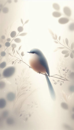 Bird on a branch with leaves in the morning light, vintage styleの素材
