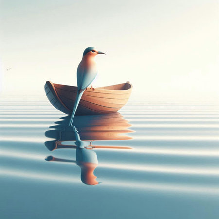bird sitting on a boat in the middle of the water with reflectionの素材