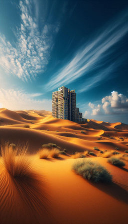 Desert landscape with skyscrapers in Dubai, United Arab Emiratesの素材