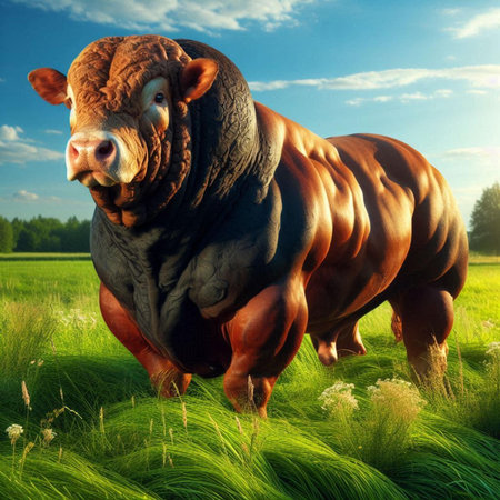 bull in the meadow. 3d rendering, 3d illustration.の素材
