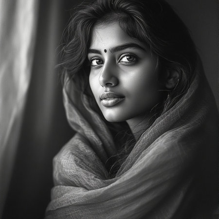 Black and white portrait of a beautiful young woman in a scarf.の素材