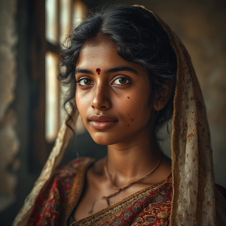 Portrait of a beautiful young Indian woman in a saree.の素材