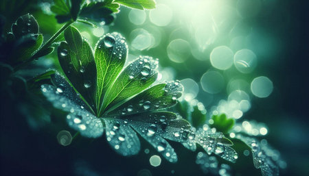 Water drops on green leaves with bokeh background. Spring nature concept.の素材