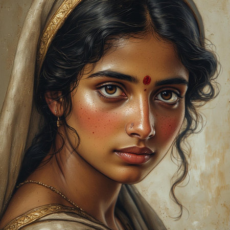 Portrait of a beautiful indian woman with blood on her faceの素材